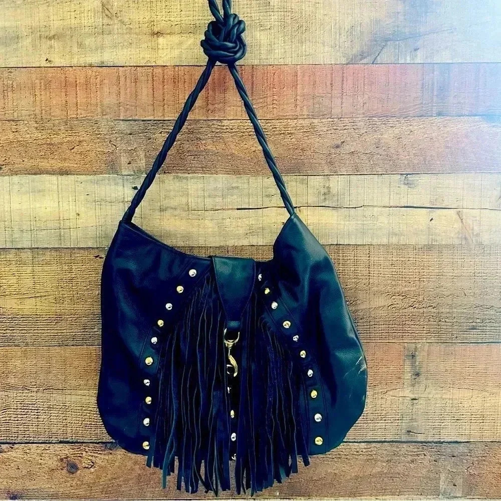 JJ Winters Rare Large Fringed Studded Leather Crossbody Purse